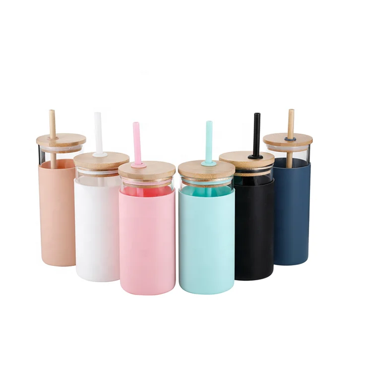 

750 ml Eco friendly Bamboo Lid Single Silicone Cover Glass Water Bottle Tumbler with Stainless Steel Straw