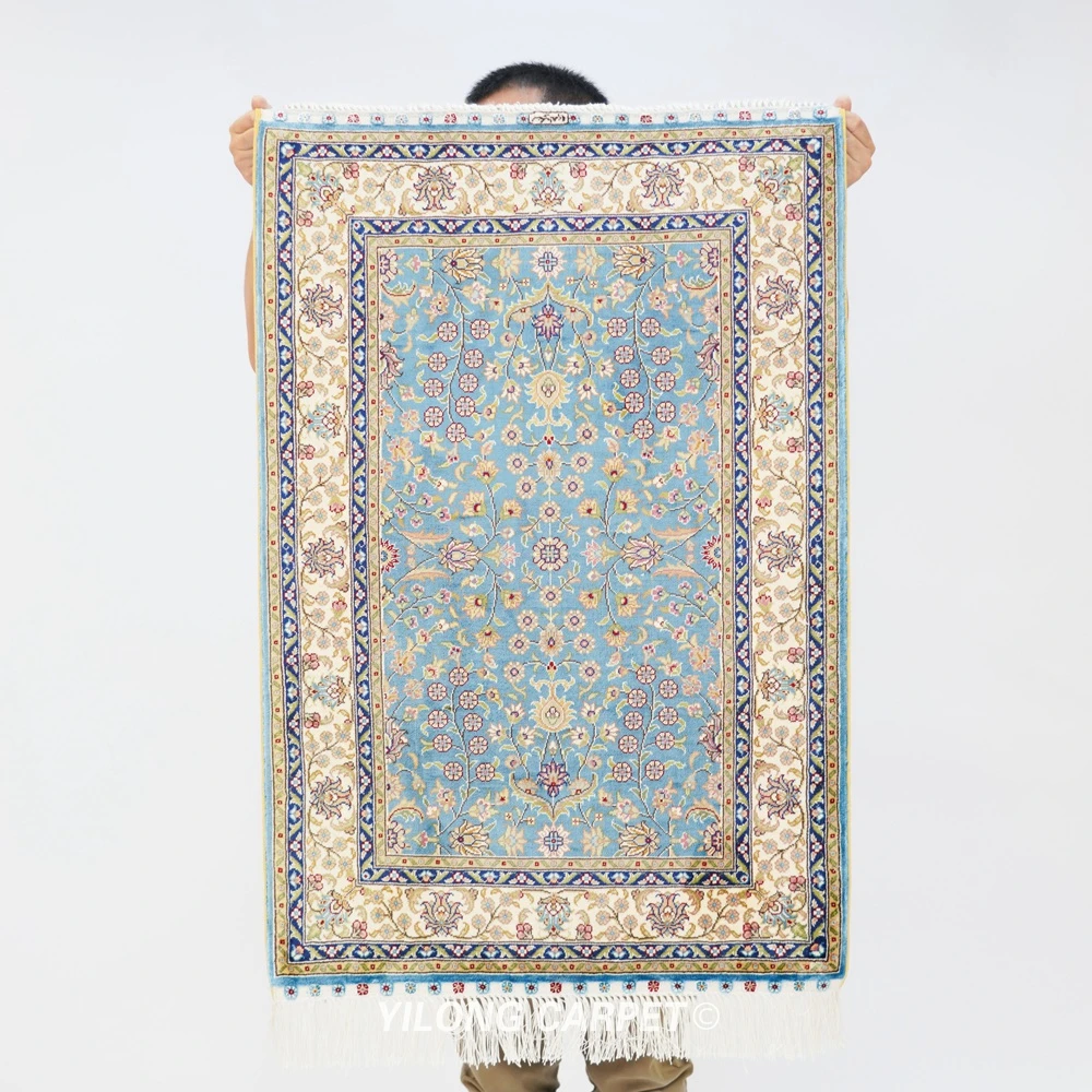 

YILONG 2'x3' Isfahan Handmade Blue Silk Cashmere Persian Rug Persian Carpet