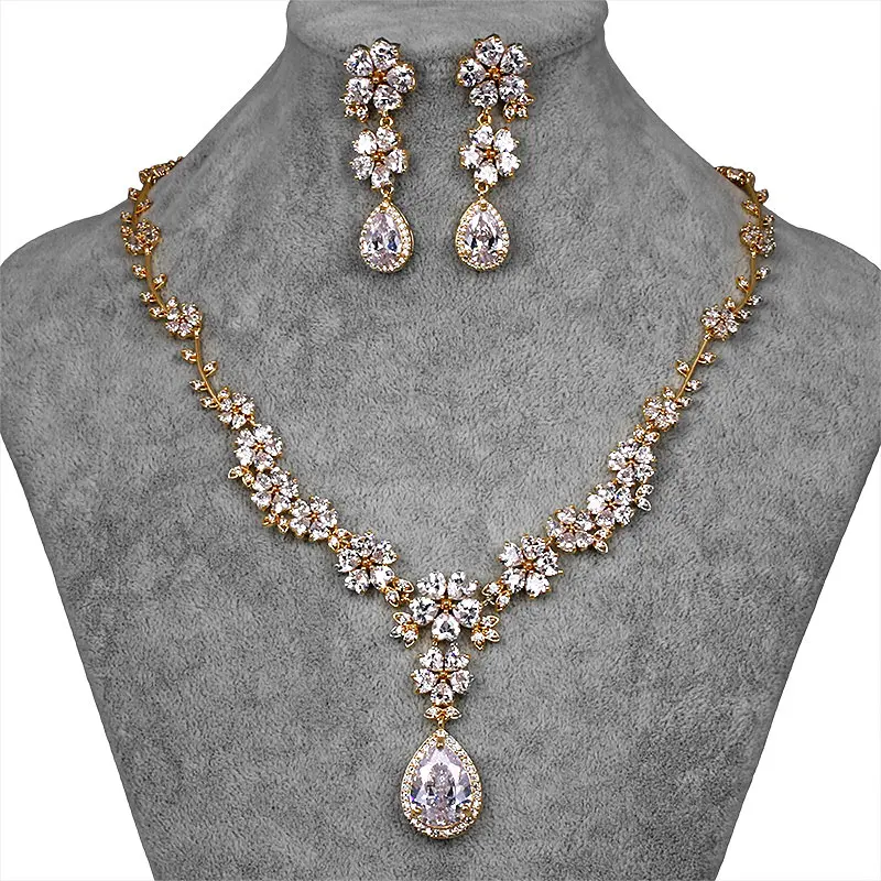 

Flower and Teardrop Cubic Zirconia Crystal Necklace and Earring Bridal Wedding Jewelry Sets