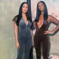 

Fall clothing bodycon gym sports fitness one piece half zip velvet jumpsuit for women