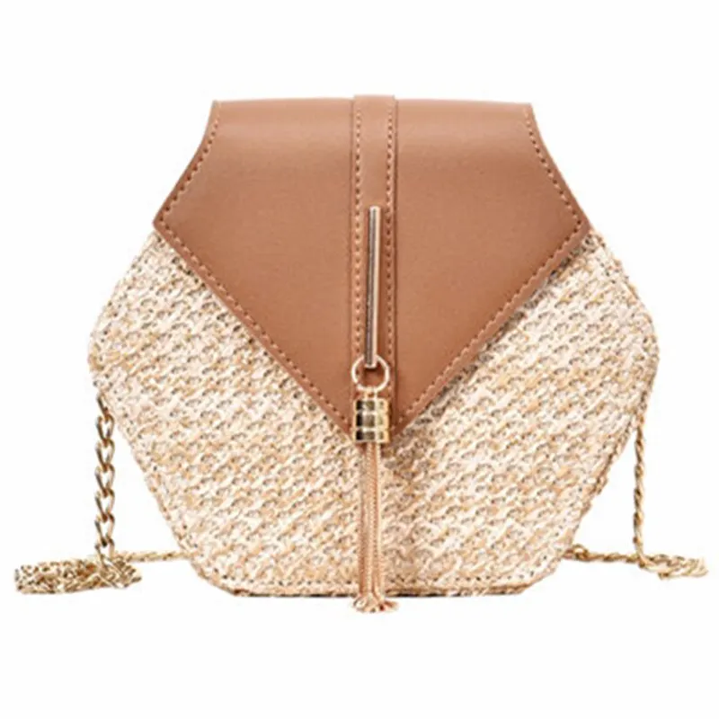 

2021 Woven Hexagon Tote Bag Wild Trend Ladies Handbag Pure Color Tassel Chain Shoulder Bag, As pic