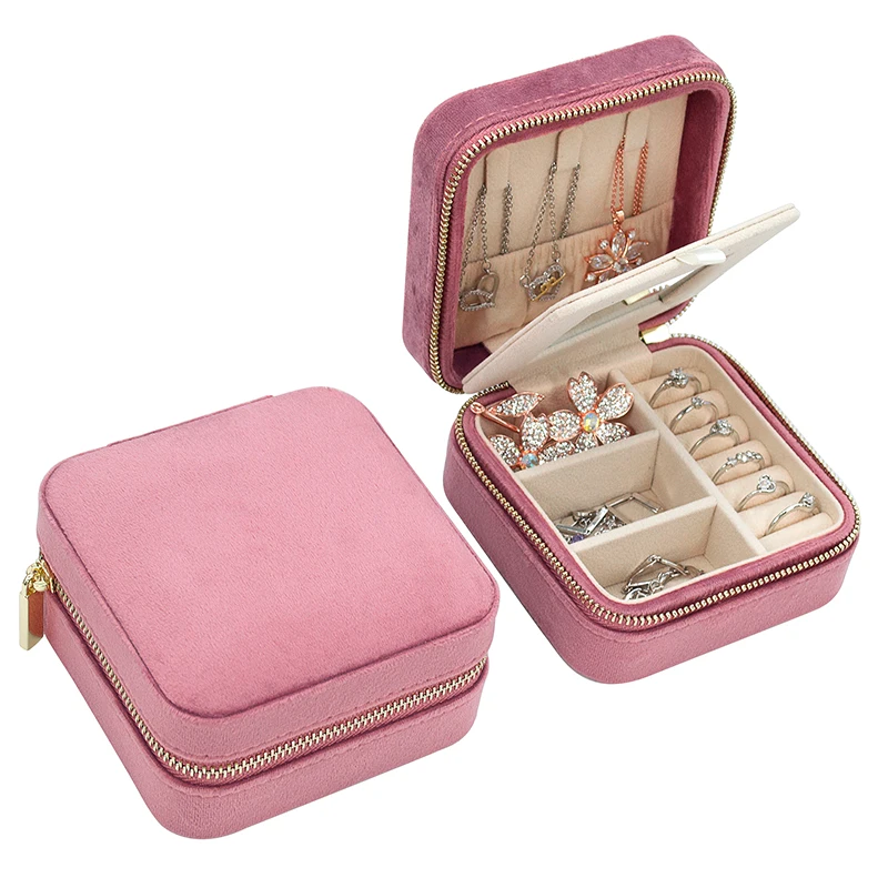 

Travel Business Favors Pink Colors Velvet Jelewery Organizer Packaging Boxes Custom Logo Pu Leather Suede Portable Jewelry Case