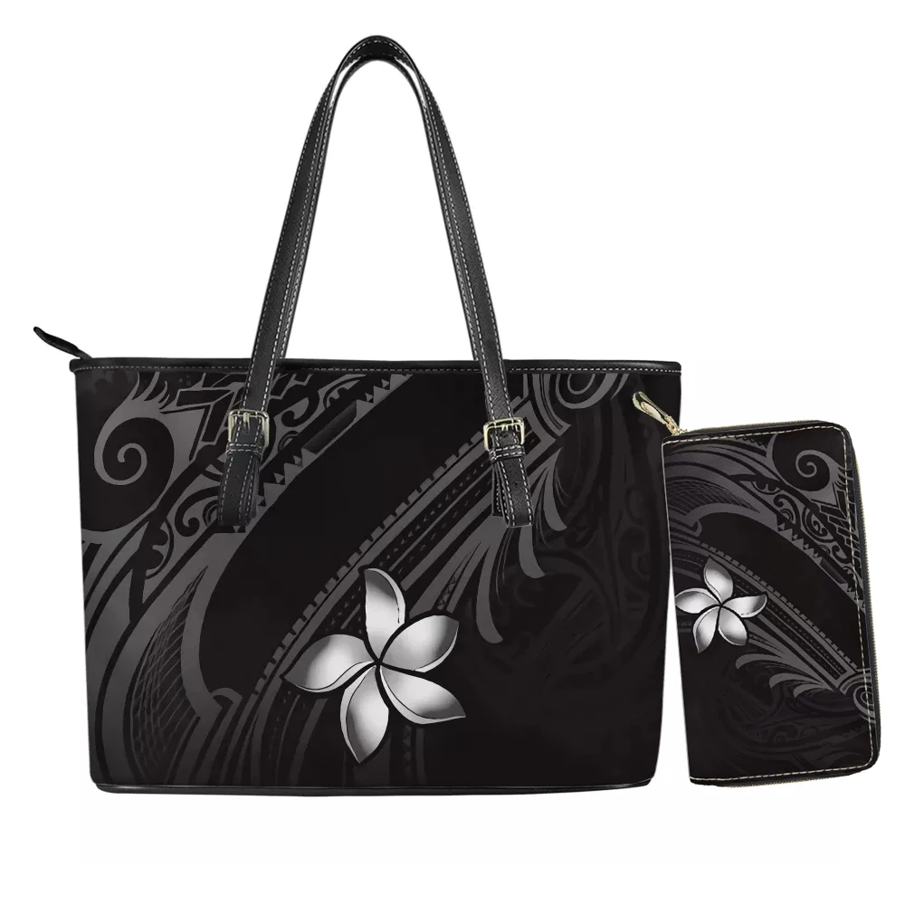 

Luxury Design Polynesian Samoa Tribal Shoulder Bag White Plumeria Printing Custom Women Vintage Leather Purses Handbags Sets, Customizable