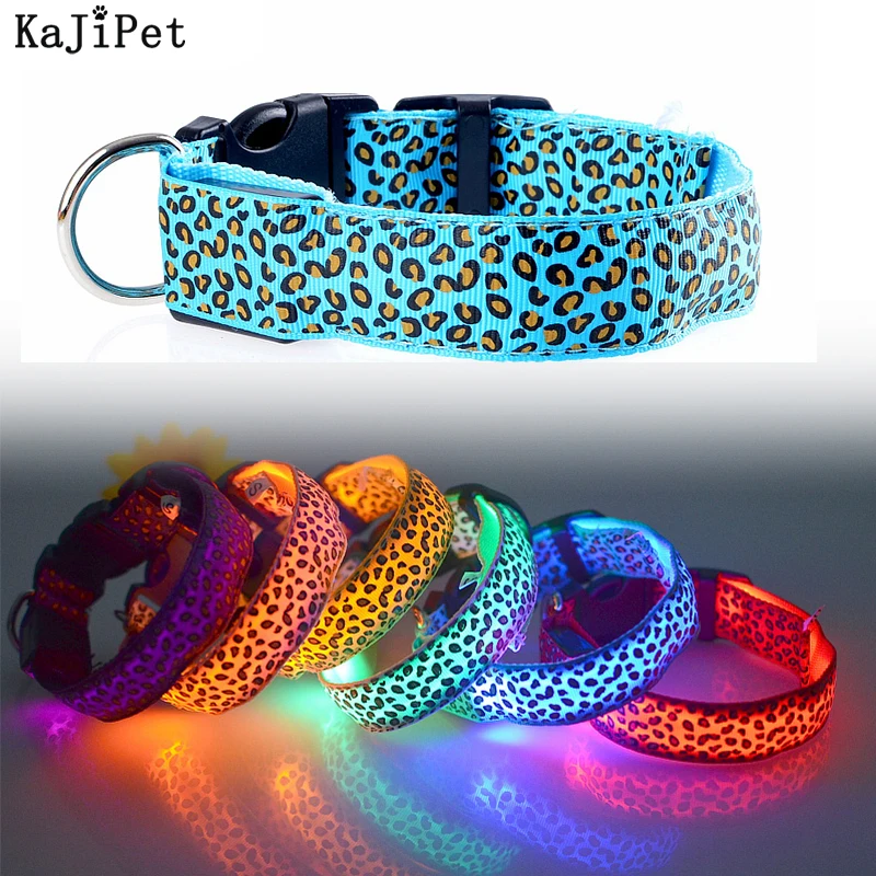 

Leopard LED Dog Collar Luminous Adjustable Glowing Collar Dogs Pet Night Safety Nylon Bright Dog Collar