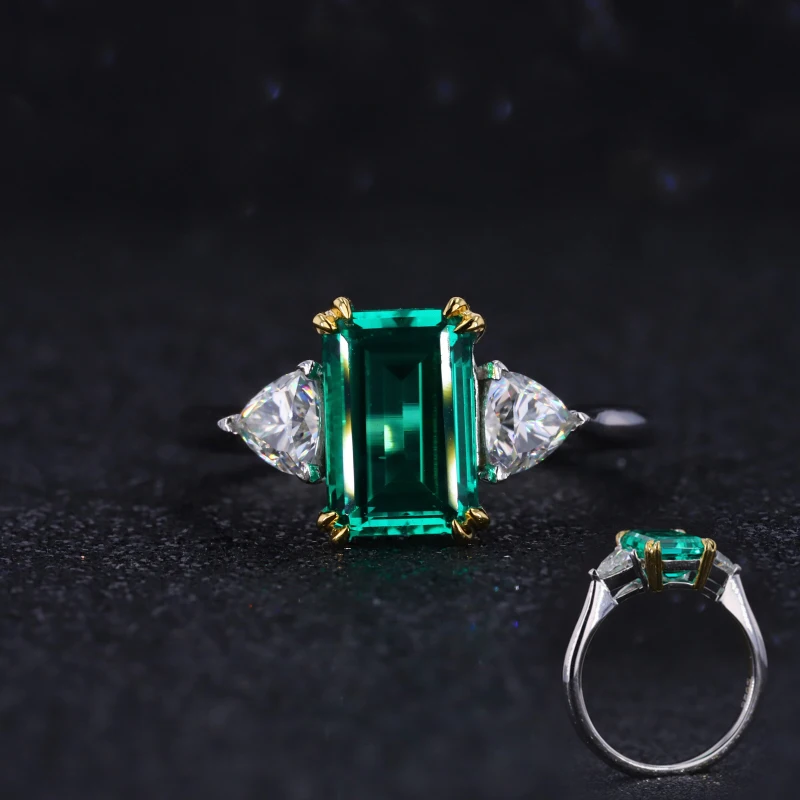 

Starsgem lab grown emerald gemstone center stone with colorless moissanite gold ring for wedding