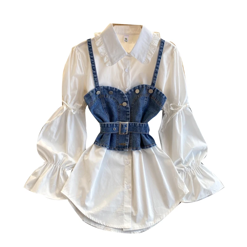 

Spring Autumn Elegant Blouse Long Sleeve Shirt Women's Puff Sleeve Loose Blusas Denim Camisole Bandage Femme Dress Two-Piece Set