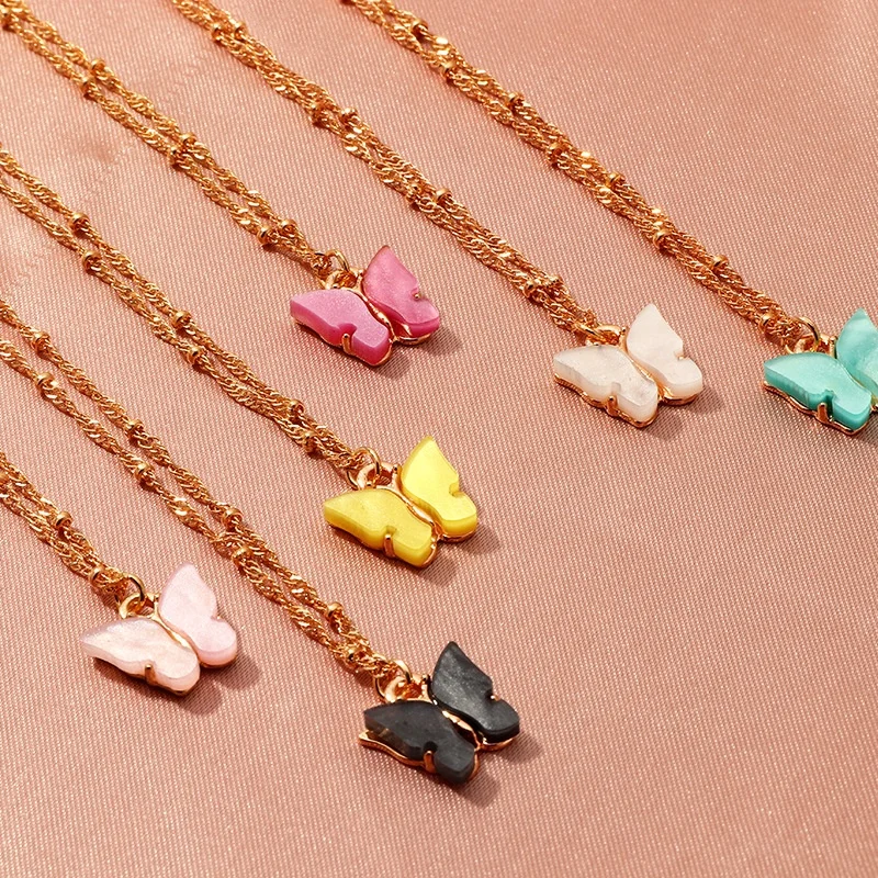 

2021 Colorful Acrylic Butterfly Necklace Sweet Clavicle Chain Necklace Women Butterfly Jewelry, As pictures