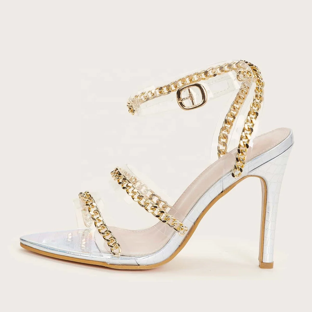 

LESLIDES Wholesale High Stiletto High Heels For Women Outdoor Street Round Open Toe Jelly Transparent Female Chain Ankle Sandals, Silver