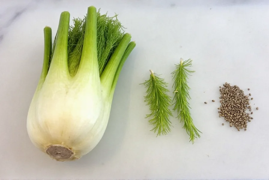 Comparison of fresh fennel bulb, fronds, and seeds on kitchen counter