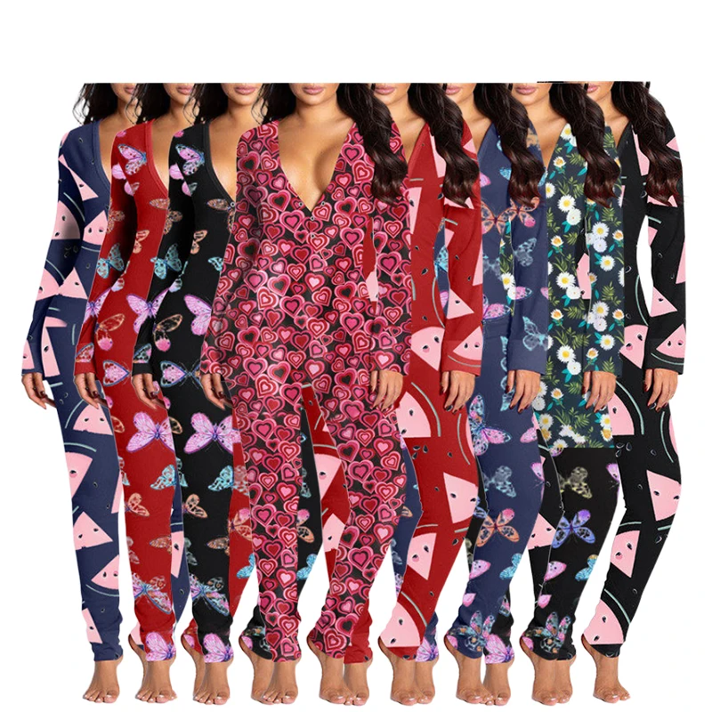 

2021 Wholesale Custom Valentine's Day Onesie Sexy Women Long Sleeve Pants Oneies With Butt Flap Pajamas For Adults