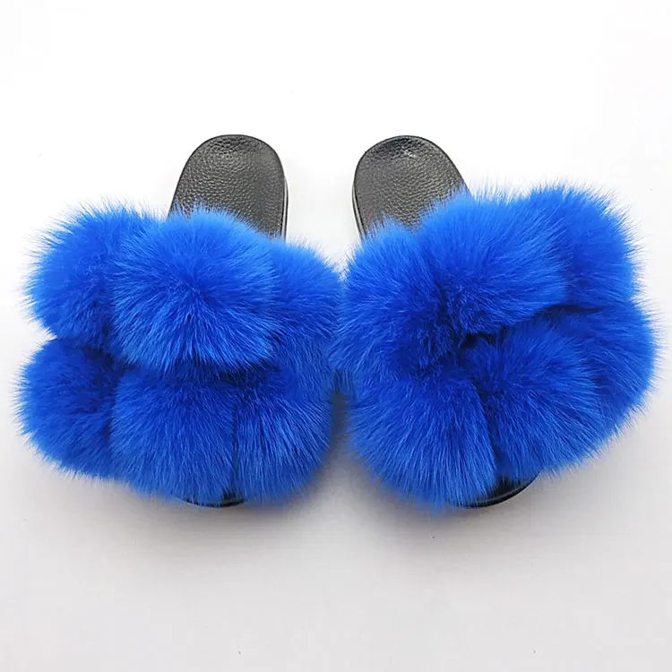 

New style hot sale wholesale designer custom logo big real fox 100% pom pom furry fur ball slides for women, Customized color