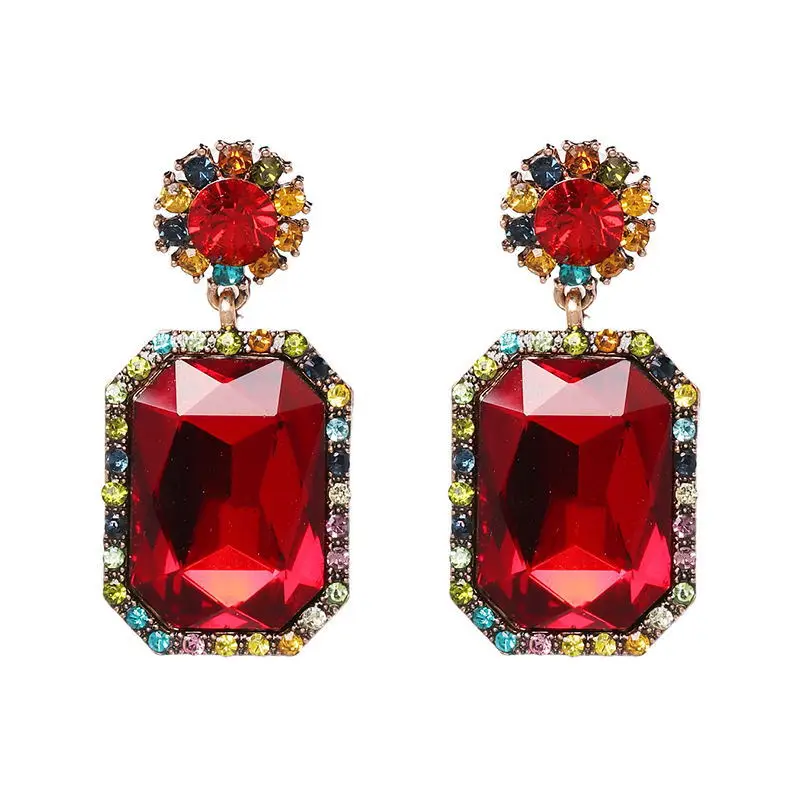 

Valentine's Days Gift Statement Metal Dangle Earrings Luxury Sparkling Square Ruby Red Crystal Drop Wedding Earrings For Bridal