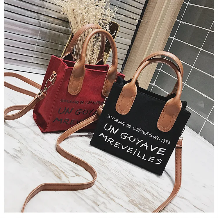 

2021 New design Korean letter printing handbags women student fashion mini messenger bags custom small plain tote bag canvas