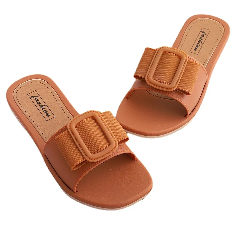 

2021 new women's slippers square buckle summer casual flat sole slippers