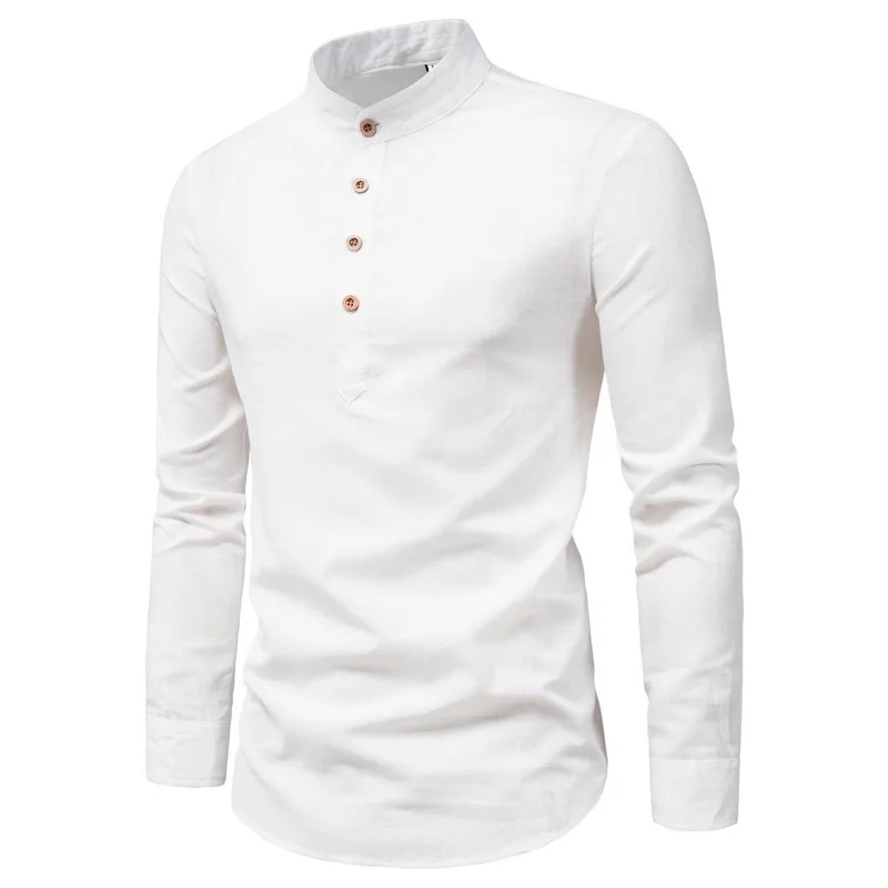 

Shirt Fashion Fall Cotton Long Sleeve Shirt Solid Color Stand Up Collar Pure Slim Fit Business Men Shirts, Shown