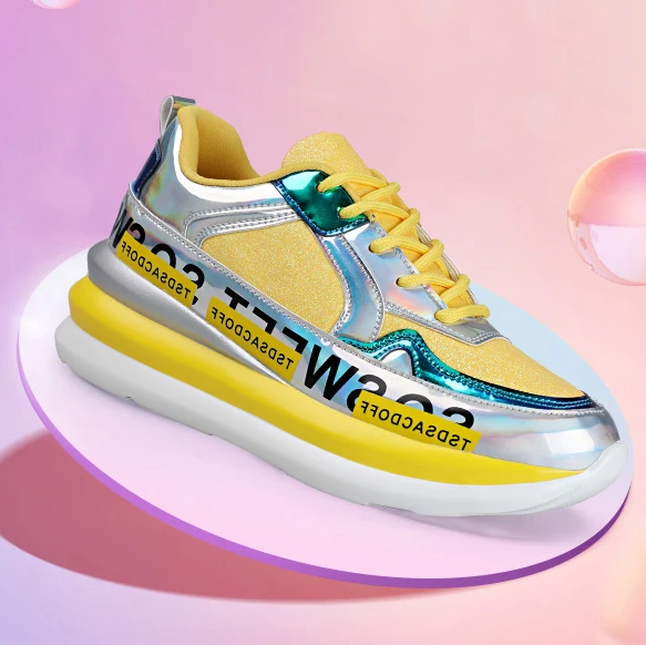 

Wholesale Latest Shiny Shoes Women Sneakers High Quality Fashion Platform Sports Shoes Women, Yellow / black / pink / blue / golden