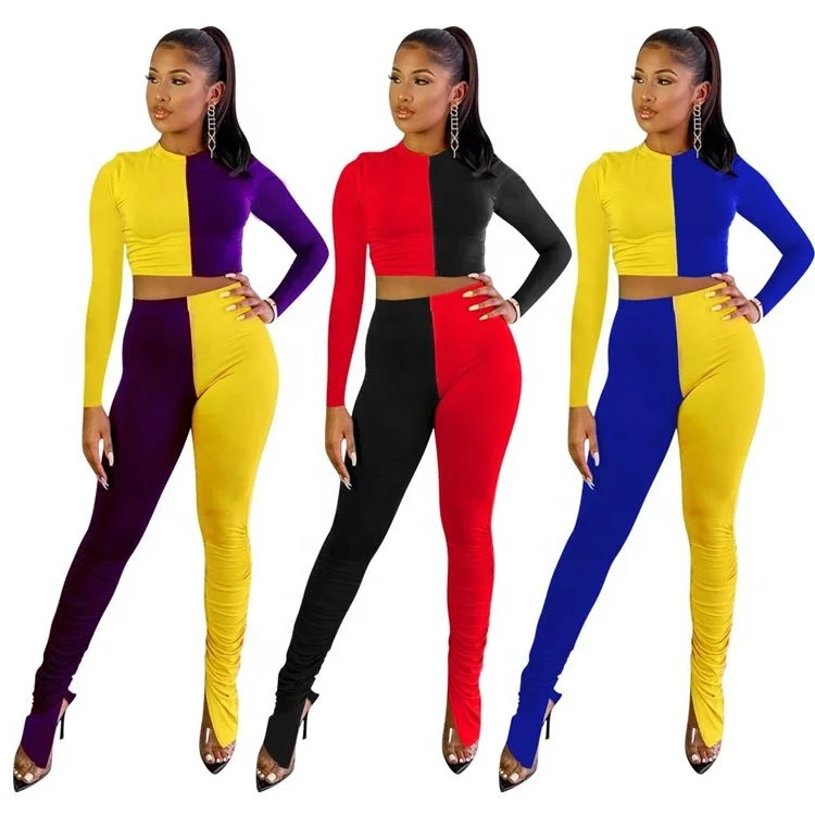 

2021 Clothing Block Set Bright Color Women Two Piece Sets With High Quality