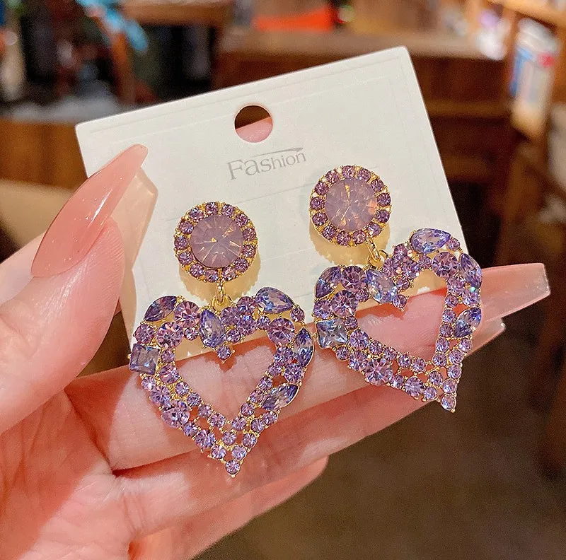 

S925 Silver Needle Luxury Purple Crystal Exaggerated Heart Shape Stud Earrings Jewelry For Women
