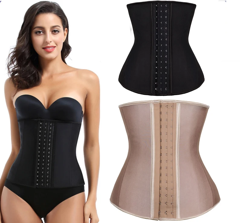 

Women's environmental 9 steel boned latex waist trainer natural rubber corset shapewear waist slimmer, Beige, black