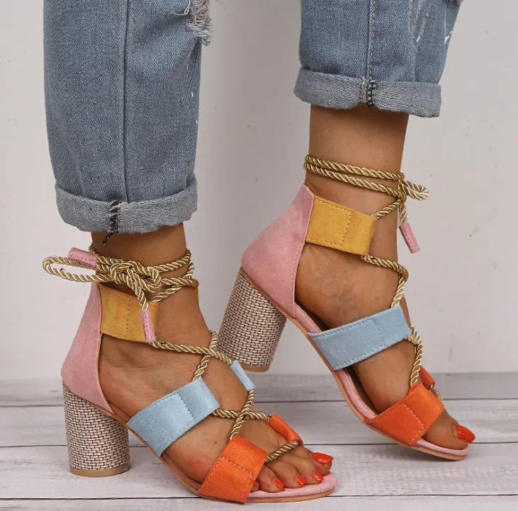 

women's Fashion fishmouth shoes thick heel women's sandals high heels colors matching hemp rope summer beach female sandals, Yellow, purple, blue, pink, orange