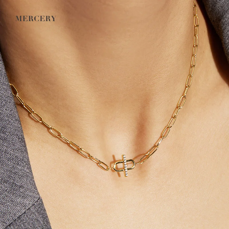 

14K Gold Plating Pendant Choker Necklace Collares de Plata Cross Link Chain CZ Gemstone 925 Sterling Silver Gold Plated Necklace
