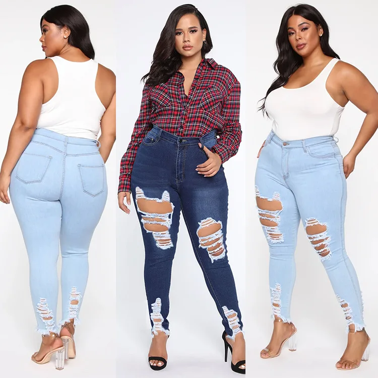 

New Fashion Style In Stock 2 piece Wholesale plus size for fat women's jeans usa 2xl-8xl sizes by ripped jeans women