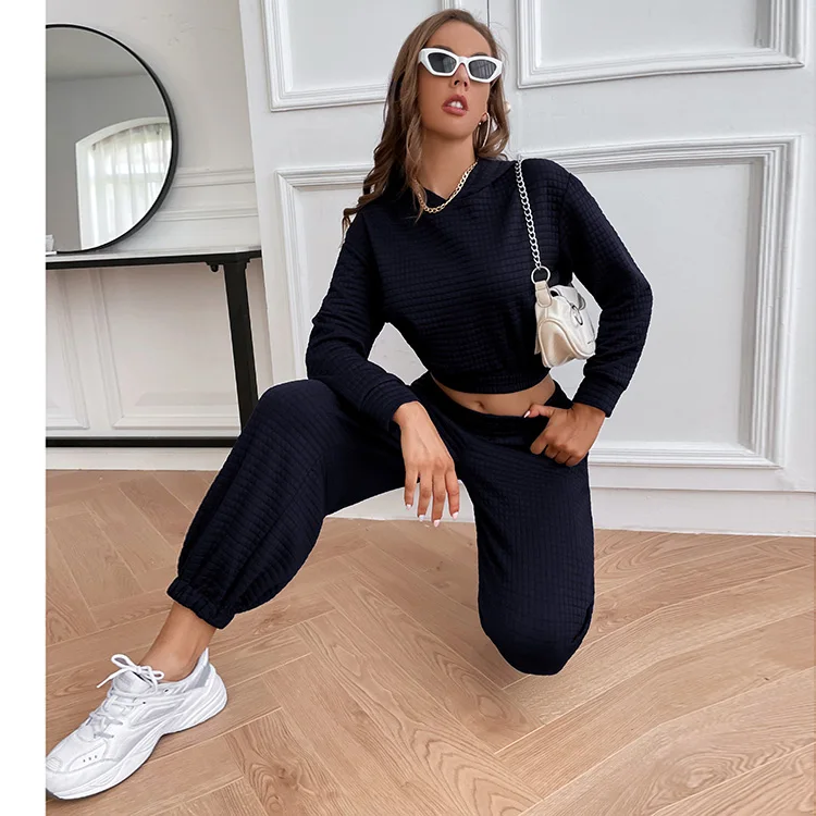 

Autumn And Winter Hot Solid Colour Long Sleeve Trousers Hoodie Suit Crop Top Sexy Ladies Waffle Fabric Set