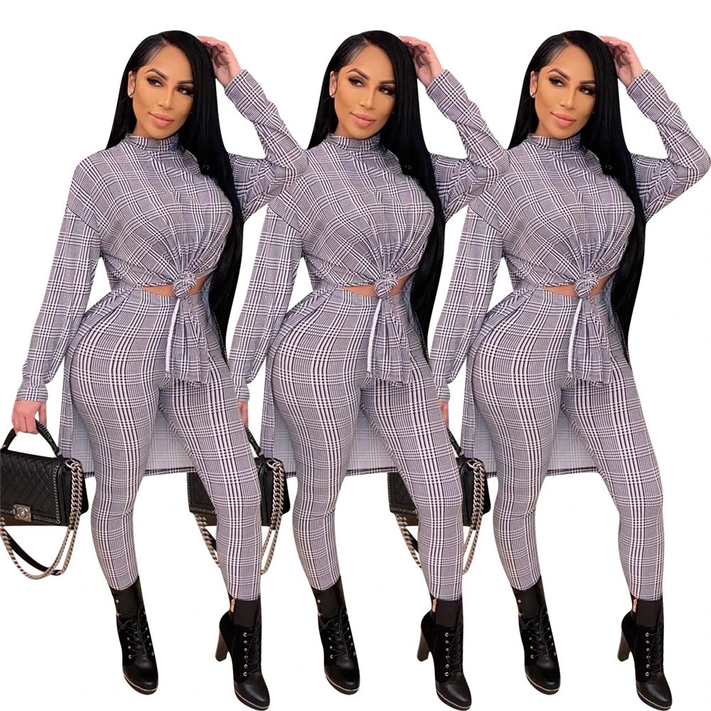 

New Striped print 2021 fall fashion women Casual outfits long sleeve Side Slit top and pant comfortable two piece set women
