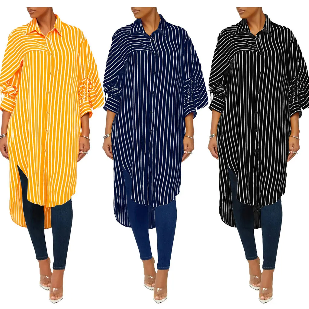 

21230-MX19 2021 sehe fashion striped shirts dresses women Drawstring designs