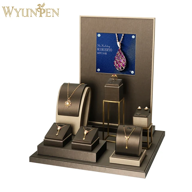 

WYP high-end earring necklace holder customize luxury lines pu leather jewelry display stand sets jewelry display showcase