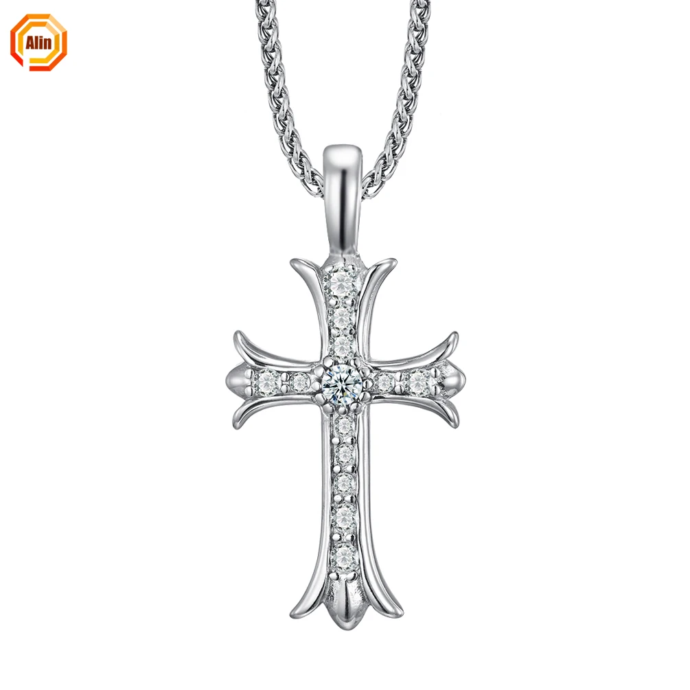 

2021 stainless steel 316L luxurious inlay zircon elegant cross necklace simple design vintage necklace for men
