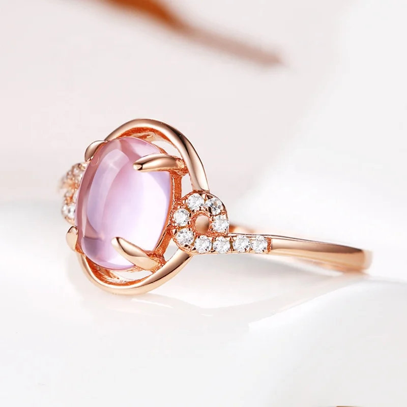 

Trendy New Design Jewelry Rose Gold Plated Four Prongs Pink Gemstone Women Fresh Green Oval Crystal Adjustable Open Ring
