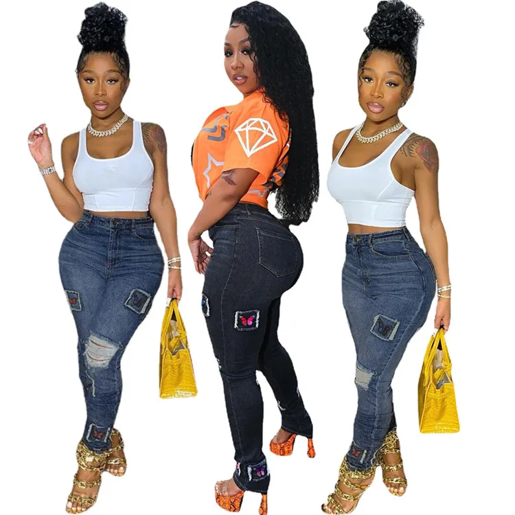 

2021 New Arrivals Washed Stretchy Long Jeans Fashion Women Jeans Blue Black Colors High Waist Butterfly Print Patchwork Jeans