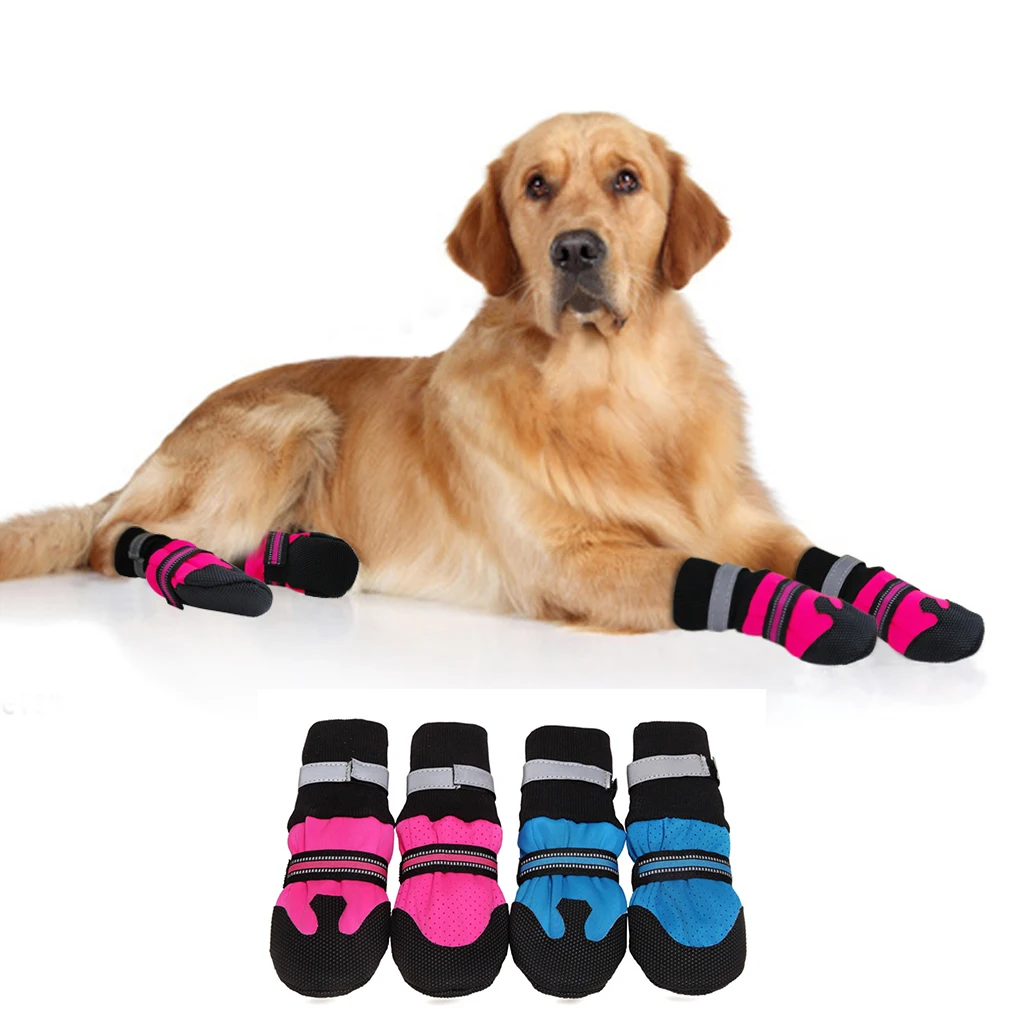 

4pcs Warm Reflective Waterproof Anti-slip Snow Pet Boots Paw Protector Winter Pet Dog Shoes, Blue, pink