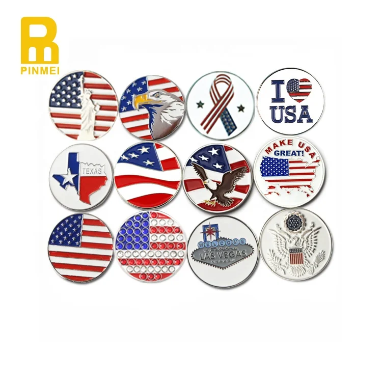 

Assorted Design USA Feature Ball Markers In Soft Enamel Infill Metal Golf Ball Marker Holder For Pitchfork