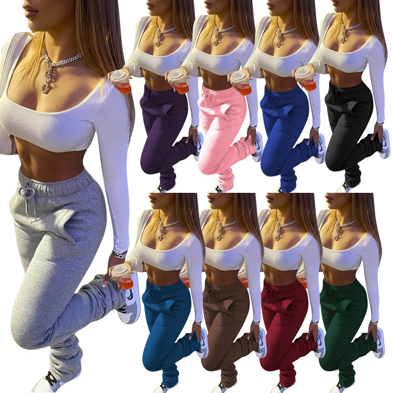 

Custom logo female printed blank ladies stacked Pants printing plain fleece woman jogger pants stacked sweatpants women