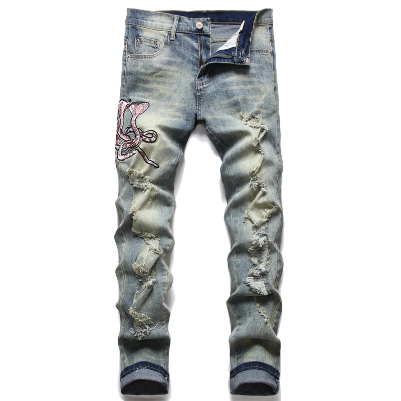 

Ripped Skinny Men Jeans Stretch Denim Jeans With Special Pattern European Fashion Style Blue Jean Pants, Customized color