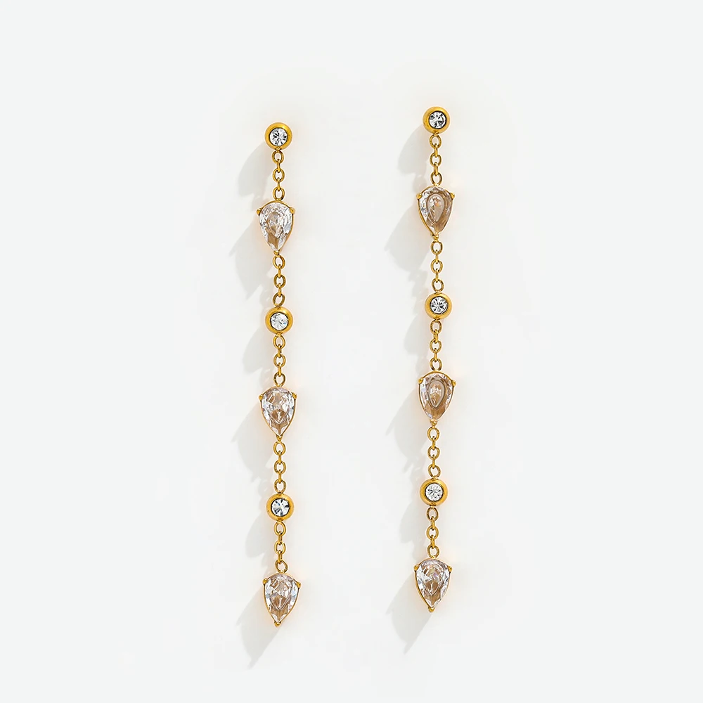 High End PVD 18K Gold Plated Water Drop CZ  Zirconia Chain Tassel Long Dangle  Earring Stainless Steel Women Fashion Jewelry