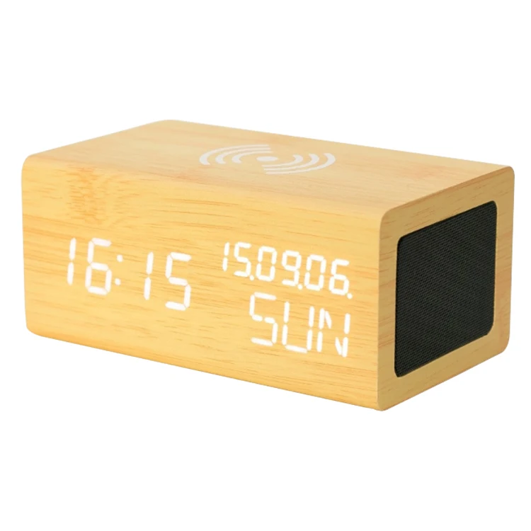 

Qi phone wireless charger BT Wireless Speaker wooden alarm clock with Calendar Temperature display