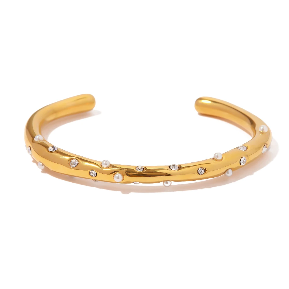 

New Trend 18K Gold Plated Mini Pearl Cuff Bracelets Stainless Steel Pave Zircon Open Cuff Bangle