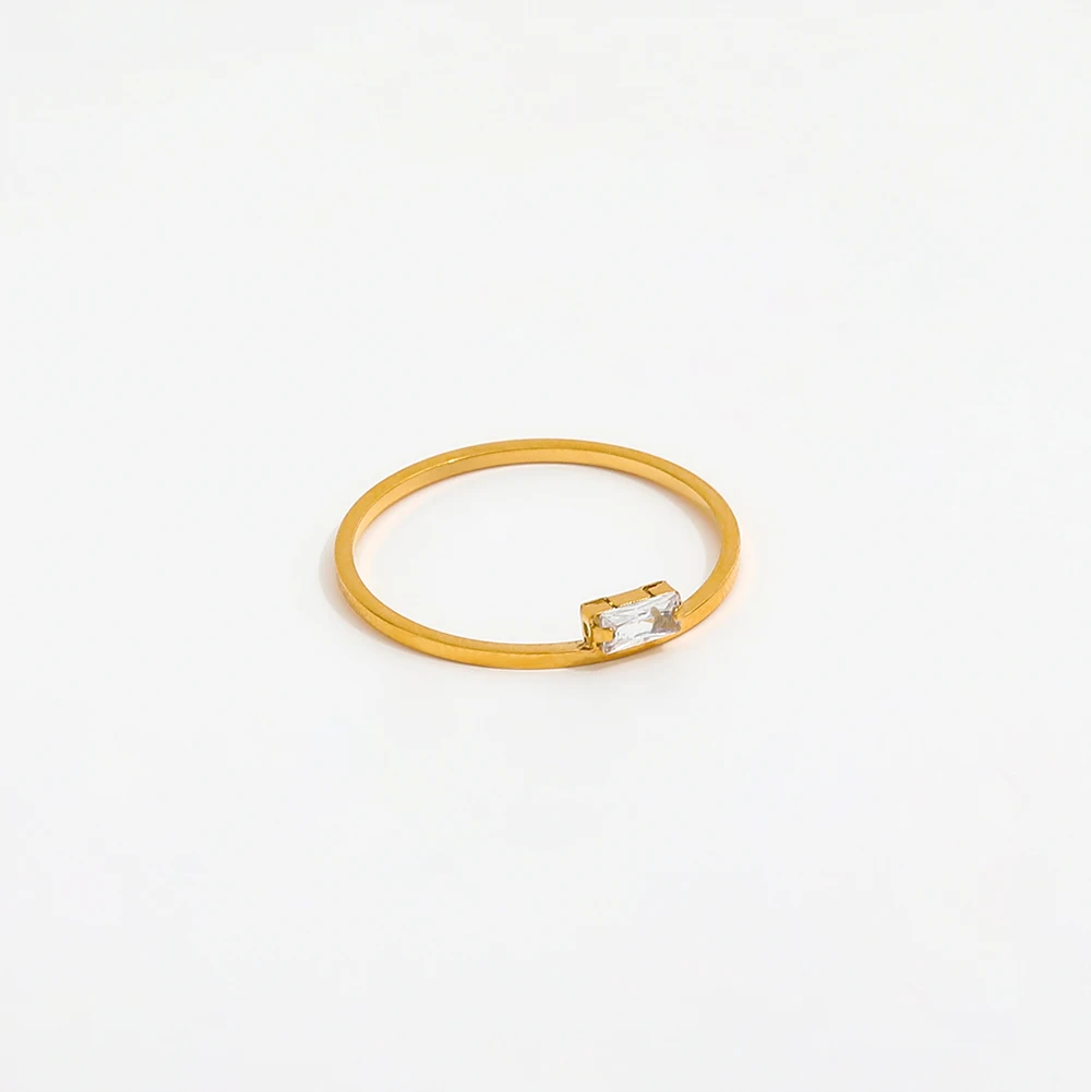 High End 18K Plain Gold Dainty Rectangle Zirconia Fine Rings Stainless Steel Trendy Simple Gold Plated Jewelry