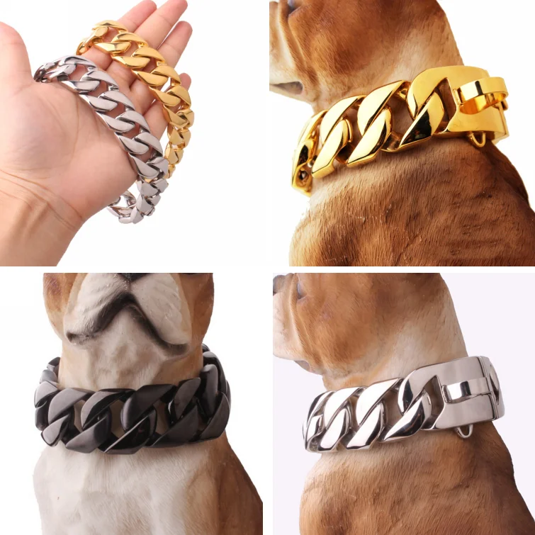 

Hip hop stainless steel metal 31mm Gold Cuban Link chain bull dogs lead heavy duty collars 4 Colors Available for pitbull, Rose gold, gold, silver, black