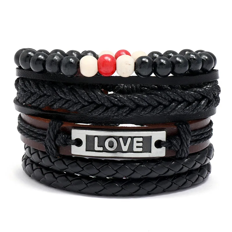 

Wholesale Jewelry Simple Personality Woven LOVE Leather Bracelet Diy 4pcs Suit Beaded Bracelet Jewelry For Men 2021, Black