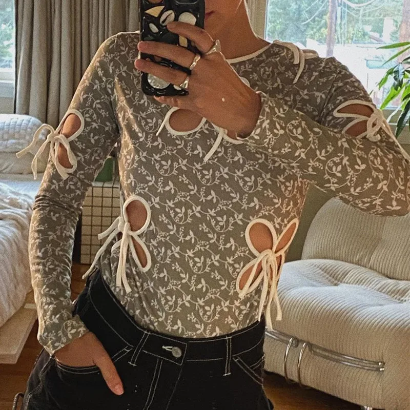 

Spring Hollow Out Bow Casual Clothes Streetwear Clothing Long Sleeve T Shirt Women, As picture or customized make