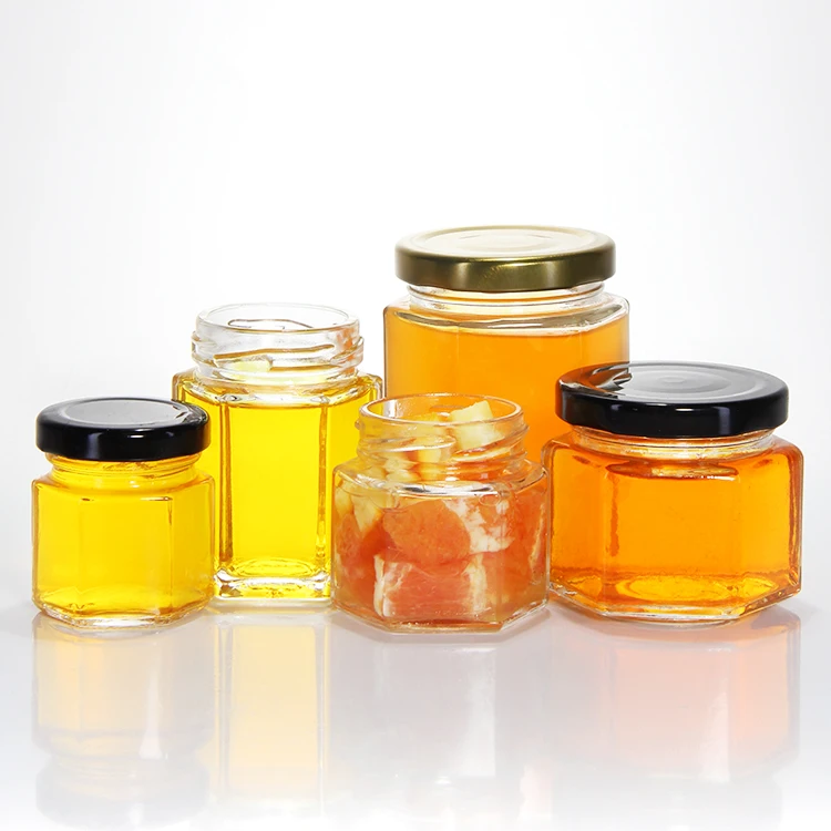 

Hot Sale 280ml 380ml 730ml Hexagonal Shaped Glass Honey Jar with Screw Metal Lid