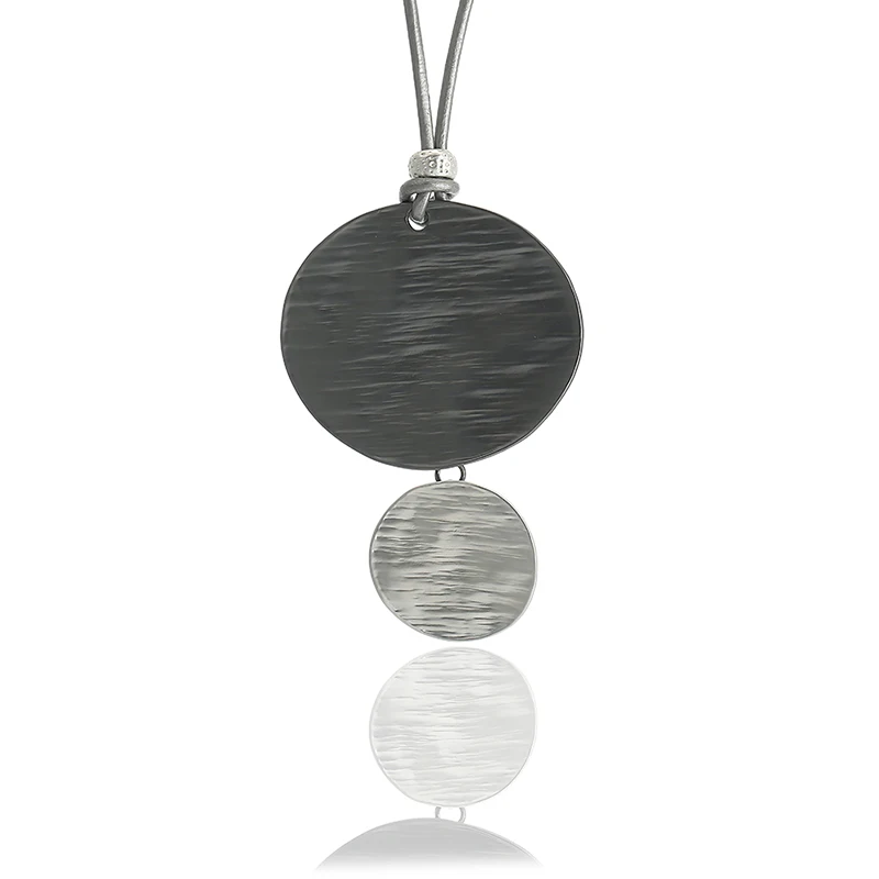 

Matt Finish Grey Wax Cord Hammered Double Round Metal Disc Dangle Drop Women Jewelry Necklace