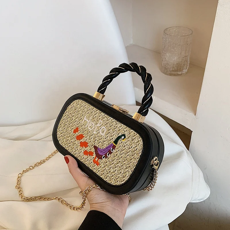 

New Arrival Retro Woven Hollow Crossbody Bag Chain Straw Square Shoulder HandBags For Ladies, 4 colors