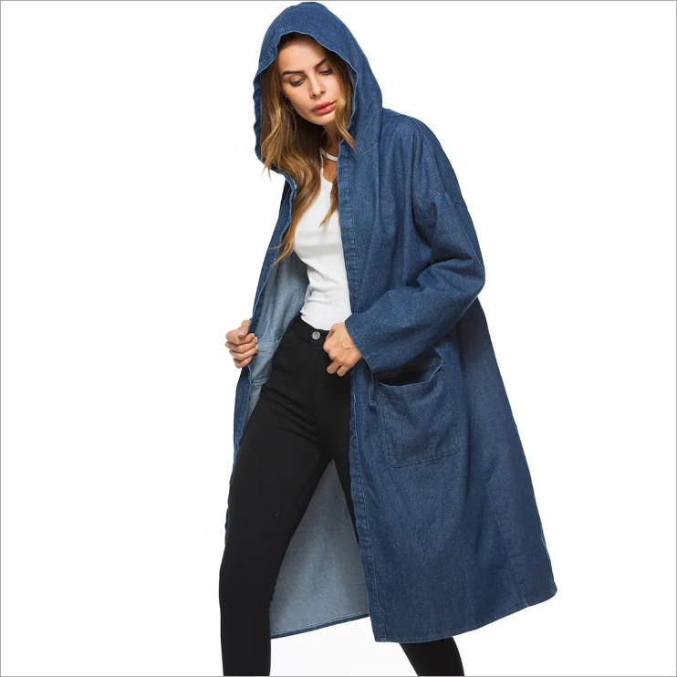 

2020 Autumn Winter Long Hooded Denim Coat Women, 2 colors