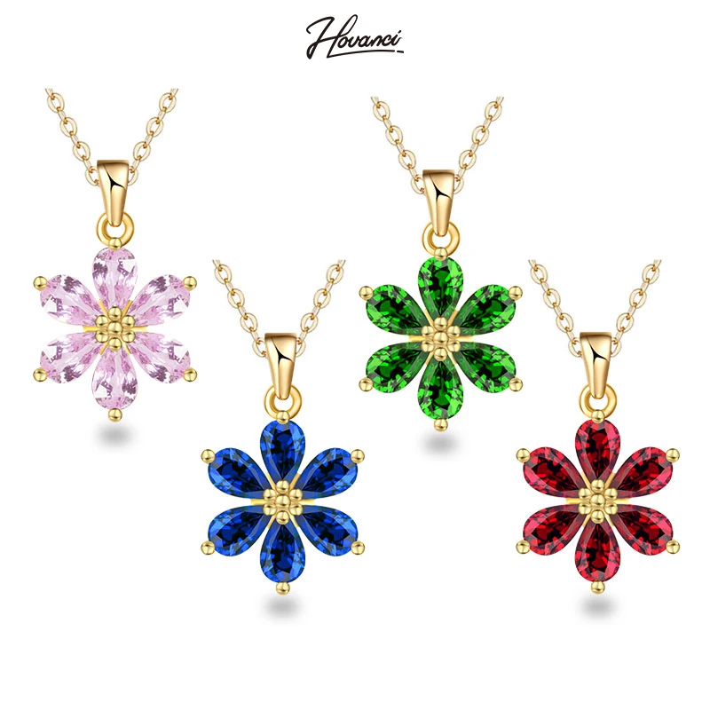 

HOVANCI Wholesale Fashion Jewelry 18K Gold Plated Zircon Crystal Flower Party Pendant Women Necklace For Girl