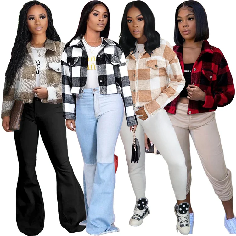 

Fashion Coat Short Turndown Collar Plaid Print Street Wear Thick Plush Spring Women Jackets, Picture